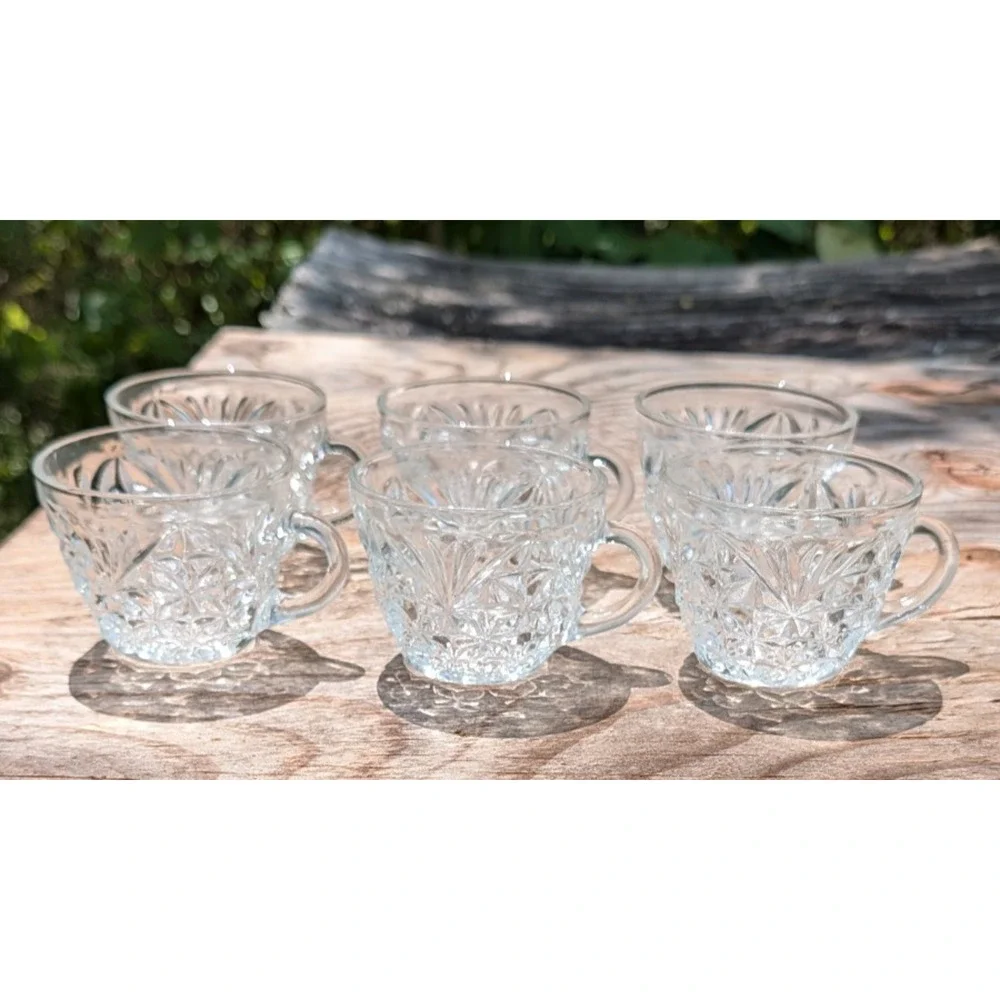 Anchor Hocking Arlington Punch Cups Set of 6 Clear Star Fan Glass Vintage